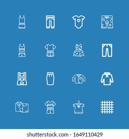 Editable 16 trousers icons for web and mobile. Set of trousers line icons including: Cloth, Clothing, Clothes, Hoodie, Skirt, Shorts, Jeans, Baby clothes, Sweatpants on blue background