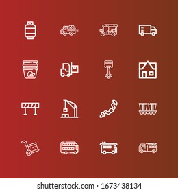 Editable 16 truck icons for web and mobile. Set of truck included icons line Firefighter, Van, Bus, Delivery, Mine, Ratchet, Harbor crane, Barricade, Real estate, Piston on red