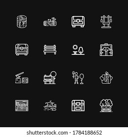 Editable 16 trunk icons for web and mobile. Set of trunk included icons line Bench, Chest, Trunk, Treasure, Reforestation, Firewood, Park, Wood, Log on black background
