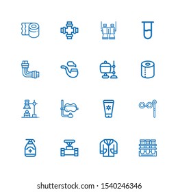 Editable 16 tube icons for web and mobile. Set of tube included icons line Tube, Lab coat, Pipe, Gel, Binoculars, Sun lotion, Snorkel, Chemical, Toilet paper on white background