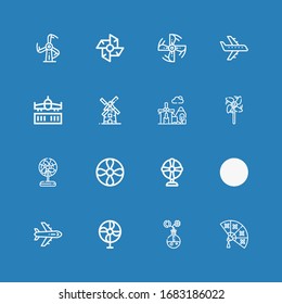 Editable 16 turbine icons for web and mobile. Set of turbine included icons line Fan, Energy, Airplane, Nuclear energy, Propeller, Windmill, Engine propeller on blue background