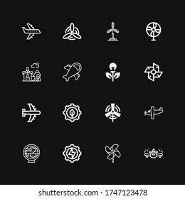Editable 16 turbine icons for web and mobile. Set of turbine included icons line Airplane, Windmill, Energy, Fan, Eolic energy, Green energy on black background