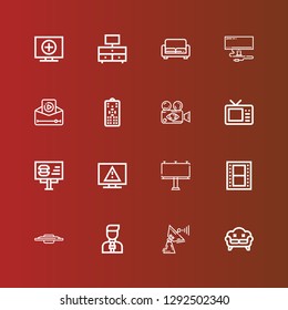 Editable 16 tv icons for web and mobile. Set of tv included icons line Sofa, Satellite dish, News reporter, Tv, Film, Billboard, Television, Live, Remote control, Video on red