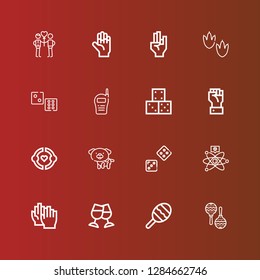 Editable 16 two icons for web and mobile. Set of two included icons line Maraca, Toast, Clap, Cold fusion, Dice, Dog, Friendship, Hand, Walkie talkie, Footprint, Couple on red