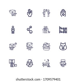 Editable 16 two icons for web and mobile. Set of two included icons line Dog, Park, Friends, Peace, Bunk bed, Couple, Friend, Hand, Toast on white background