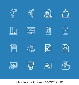 Bearbeitbar 16-Typ-Icons für Web und Mobile. Satz der enthaltenen Symbole Zeile Letter, Typografie, Hämoglobin, Jpg, Jpeg, Blutzellen, Musikdatei, Vertikale Ausrichtung auf blauen Hintergrund