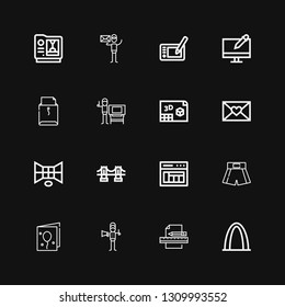 Editable 16 typography icons for web and mobile. Set of typography included icons line Gateway arch, Design, Graphic designer, Birthday card, Boxing shorts on black background