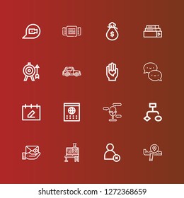 Editable 16 ui icons for web and mobile. Set of ui included icons line Airplane, Cancel, Web design, Envelope, Flowchart, Microphone, Calendar, Chat, Love, Car, Goal, Browser on red