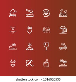 Editable 16 umbrella icons for web and mobile. Set of umbrella included icons line Island, Sand bucket, Umbrella, Bikini, Sunbed, Fragile, Beach, Swimsuit, Insurance, Beach on red