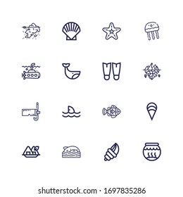 Editable 16 underwater icons for web and mobile. Set of underwater included icons line Fishbowl, Seashell, Shark, Seaweed, Clam, Clown fish, Diving mask, Iceberg on white background