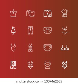 Editable 16 underwear icons for web and mobile. Set of underwear included icons line Bikini, Boxer, Shorts, Brassiere, Diaper, Clothes, Swimsuit, Jeans, Fashion, Clothing on red