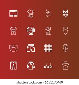 Editable 16 underwear icons for web and mobile. Set of underwear included icons line Boxer, Brassiere, Hoodie, Jeans, Bathrobe, Cloth, Shorts, Diaper, Swimsuit, Fashion on red