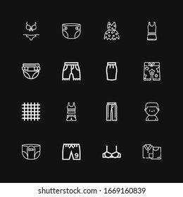 Editable 16 underwear icons for web and mobile. Set of underwear included icons line Clothes, Brassiere, Shorts, Diaper, Boxer, Trousers, Cloth, Skirt, Clothing on black background