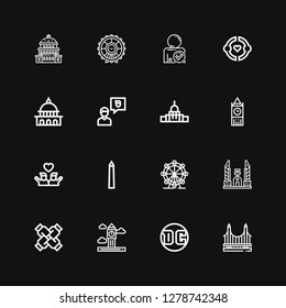 Editable 16 united icons for web and mobile. Set of united included icons line Golden gate, Dc, Big ben, United, Democracy monument, London eye, National mall on black background