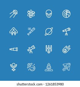 Editable 16 universe icons for web and mobile. Set of universe included icons line Rocket, Ufo, Pluto, Meteorite, Uranus, Telescope, Planet, Spaceship, Alien on blue background
