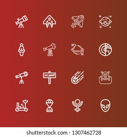 Editable 16 universe icons for web and mobile. Set of universe included icons line Alien, Pluto, Space capsule, Moon rover, Meteorite, War, Telescope, Planet, Venus, Rocket on red