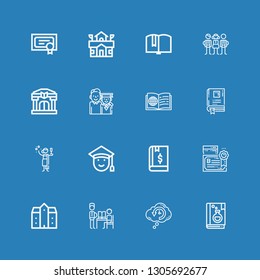 Editable 16 university icons for web and mobile. Set of university included icons line Book, Retrocognition, Teacher, Mansion, Diploma, Graduated, Toga, Graduation on blue background