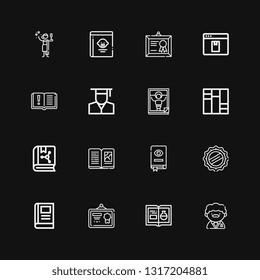 Editable 16 university icons for web and mobile. Set of university included icons line Teacher, Chemistry, Diploma, Book, Cap, Books, Magazine, Graduate, Elearning on black background