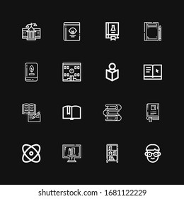 Editable 16 university icons for web and mobile. Set of university included icons line Student, Bookcase, Online education, Physics, Book, Books, Learning on black background
