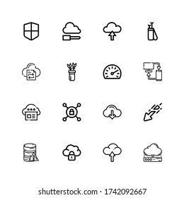 Editable 16 upload icons for web and mobile. Set of upload included icons line Cloud server, Upload, Cloud, Database, Download, Vpn, Sync, Speedometer, Arrows on white background