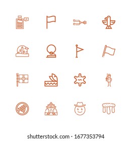 Editable 16 usa icons for web and mobile. Set of usa included icons line Stonehenge, Cowboy, Memorial hall, Sign, Soldier, Sheriff, Headdress, Flag, Wild west on white background