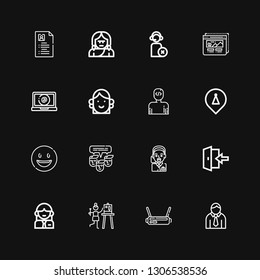 Editable 16 user icons for web and mobile. Set of user included icons line Avatar, Vr, Satisfaction, Woman, Login, Operator, Team, Happy, Placeholder, User on black background