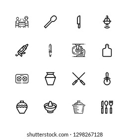 Editable 16 utensil icons for web and mobile. Set of utensil included icons line Cutlery, Pot, Hot pot, Pottery, Pizza cutter, Skewers, Stove, Cutting board on white background