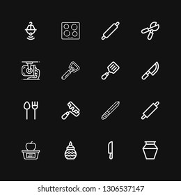 Editable 16 utensil icons for web and mobile. Set of utensil included icons line Pottery, Knife, Lunch, Rolling pin, Paint roller, Cutlery, Spatula, Bottle opener on black background