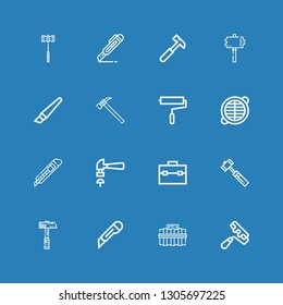 Editable 16 utility icons for web and mobile. Set of utility included icons line Paint roller, Toolbox, Cutter, Hammer, Grate on blue background