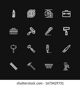 Editable 16 utility icons for web and mobile. Set of utility included icons line Hammer, Grate, Ladder, Cutter, Paint roller, Toolbox, Ladle on black background