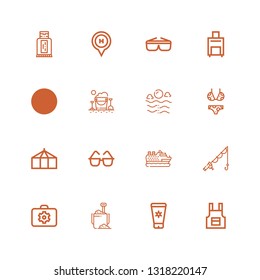 Editable 16 vacation icons for web and mobile. Set of vacation included icons line Apron, Sun lotion, Sand bucket, Briefcase, Fishing, Cruise, Sunglasses, Tent on white background
