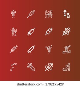 Editable 16 iconos de la vacuna para web y móvil. Conjunto de vacunas incluidas línea de iconos Veterinaria, Aguja, Jeringa, Vacuna en rojo