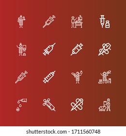 Editable 16 iconos de la vacuna para web y móvil. Conjunto de vacunas incluidas línea de iconos Veterinaria, Aguja, Jeringa, Vacuna en rojo