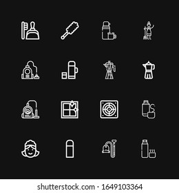 Editable 16 vacuum icons for web and mobile. Set of vacuum included icons line Thermos, Vacuum, Thermo, Maid, Extractor, Clean window, Coffee maker, Duster on black background