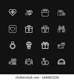 Editable 16 valentine icons for web and mobile. Set of valentine included icons line Ring, Rings, Romantic dinner, Gift, Gift card, Couple, Badoo, Broken heart on black background