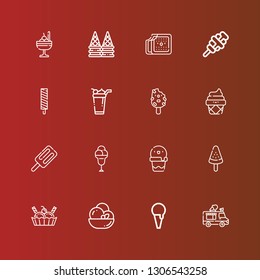 Editable 16 vanilla icons for web and mobile. Set of vanilla included icons line Ice cream truck, Ice cream, Popsicle on red