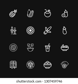 Editable 16 vegan icons for web and mobile. Set of vegan included icons line Lemon, Salad, Tofu, Smoothie, Vegan food, Aubergine, Olive, Mangosteen, Nutritionist on black background