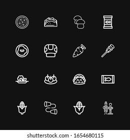 Editable 16 iconos de verduras para web y móvil. Conjunto de verduras incluidas íconos línea Nutricionista, maíz, estaño, comida enlatada, taco, Bitterbalen, ensalada, caña sobre fondo negro