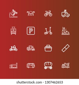 Editable 16 vehicle icons for web and mobile. Set of vehicle included icons line Delivery truck, Wagon, Minibus, Bus stop, Rubber, Transport, Tractor, Tandem, Bumper car on red