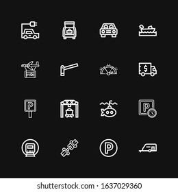 Editable 16 vehicle icons for web and mobile. Set of vehicle included icons line Caravan, Parking, Seat belt, Railway, Submarine, Loader, Parking sign, Truck on black background