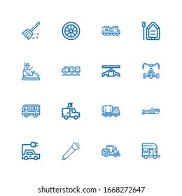 Editable 16 vehicle icons for web and mobile. Set of vehicle included icons line Caravan, Tractor, Blower, Electric car, Boat, Concrete mixer, Van, Bus, Bicycle on white background