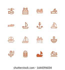 Editable 16 vessel icons for web and mobile. Set of vessel included icons line Cargo ship, Sail boat, Inflatable boat, Anchor, Boat, Sailing Rowing, Sailor on white background