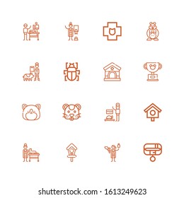 Editable 16 veterinary icons for web and mobile. Set of veterinary included icons line Collar, Veterinarian, Bird house, Hamster, Pet, Veterinary, Fleas on white background