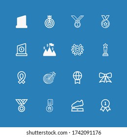 Editable 16 victory icons for web and mobile. Set of victory included icons line Quality, Trophy, Medal, Ribbon, Prize, Dartboard, Laurel, Success, Medals, Target on blue background