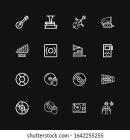 Editable 16 vinyl icons for web and mobile. Set of vinyl included icons line DJ, Turntable, Vinyl, Xylophone, Record, Gramophone, Phonograph, Cello, Mandolin on black background