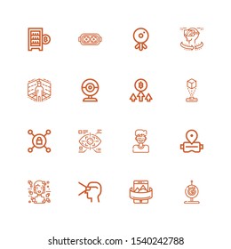 Editable 16 virtual icons for web and mobile. Set of virtual included icons line Webcam, Panoramic, Virtual reality, Hologram, Eye tap, Vpn, Bitcoin, Vr, Augmented reality on white background