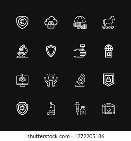 Editable 16 virus icons for web and mobile. Set of virus included icons line First aid, Vaccine, Microscope, Shield, Security, Protection, Hacker, Virus, WASHING HANDS on black background
