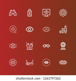 Editable 16 vision icons for web and mobile. Set of vision included icons line Augmented reality, Vision, Vr, Eye, Hologram, Sunglasses, Binoculars, Development, View, Contact lens on red
