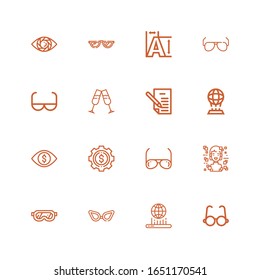 Editable 16 vision icons for web and mobile. Set of vision included icons line Glasses, Hologram, Sunglasses, Development, Vision, Letter, Sun glasses, Typography on white background