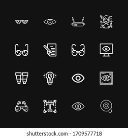 Editable 16 iconos de visión para web y móvil. Conjunto de visión incluido íconos de línea Ojo, Tipografía, gafas de sol, Visibilidad, Creatividad, Binoculares, Vista, Lentes sobre fondo negro